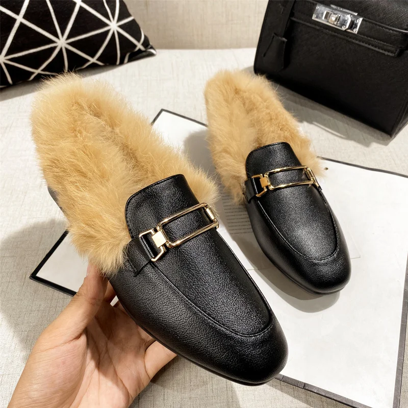 

Winter Women Warm Rabbit Hair Espadrilles Square Toe Leather Fur Shoes Student Metal Buckle Decorated Slip on Chunky Moccasins