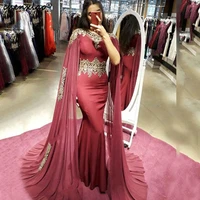 chenxiao burgundy muslim formal evening gowns mermaid long plus size 2020 kaftan prom dresses with appliques arabic cap sleeve
