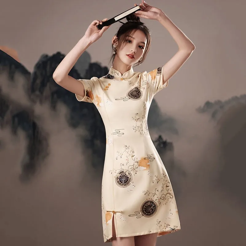 Винтажное платье-Ципао с цветочным принтом женское традиционное китайское