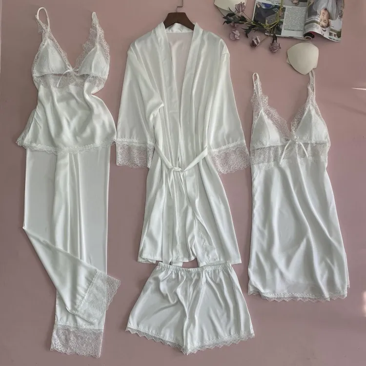 

Пижамный комплект женский кружевной атласный, белый комплект для сна, кимоно, банная рубашка, свободная одежда для сна, домашняя одежда с V-о...