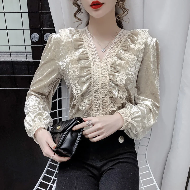

Blouse Women Pleuche Top Women's Autumn and Winter V-neck Long-Sleeved Lace Shirt Blusas Ropa De Mujer