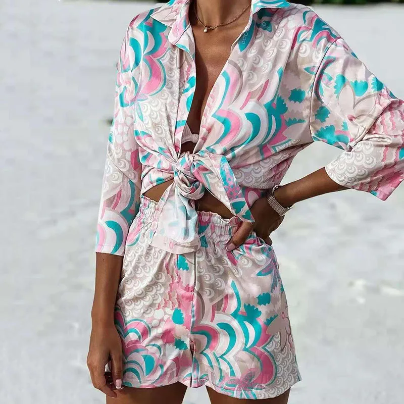 

Sexy Women Lapel V-Neck Blouse And Short Pans Set 2PC Print Tie Knot Tops And Shorts Set With Headscarf Casual Femme Beach Suit