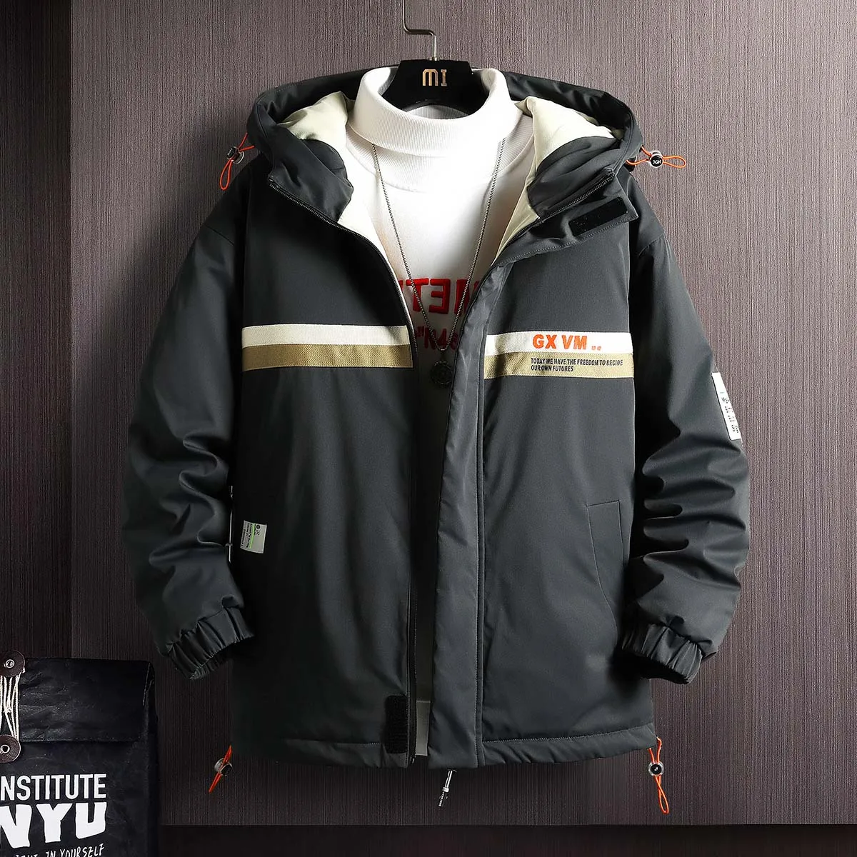 Hooded Warm Jacket Men 2021 Winter Fleece Windbreaker Patchwork Zipper Coat Japanese Streetwear Harajuku Grey Jackets