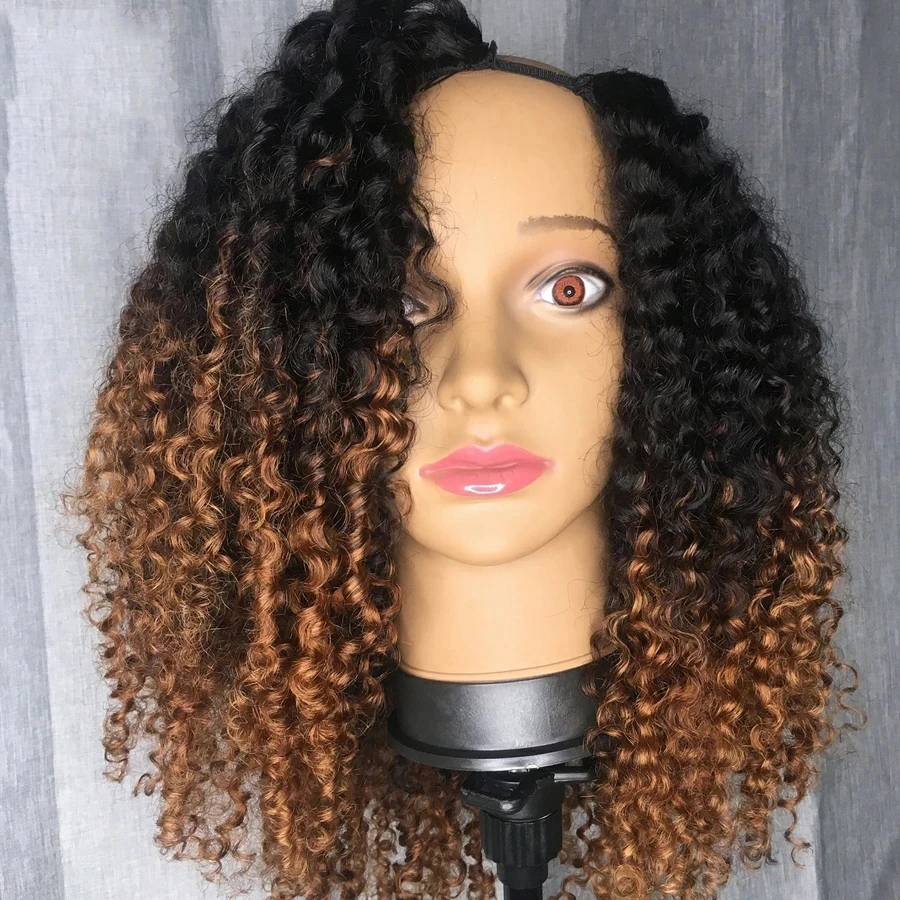

Curly 1x4 Opening U Part Human Hair Wigs for Black Women 200Density Ombre Brown Color Machine Made U Part Wigs Remy Hair