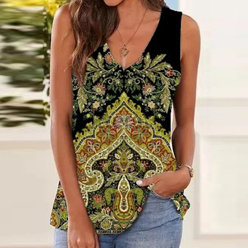 

2021 Summer Loose Blusas Pullover Vintage Spring Floral Pattern Print Blouse Shirts Women Sexy V-neck Sleeveless Tops Streetwear