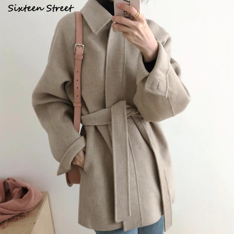 

Elegant Belt Woolen Coat Women Autumn Winter 2021 Single Breasted Khaki Wool Blend Jacket Female Vintage Long Sleeve Parkas Fall