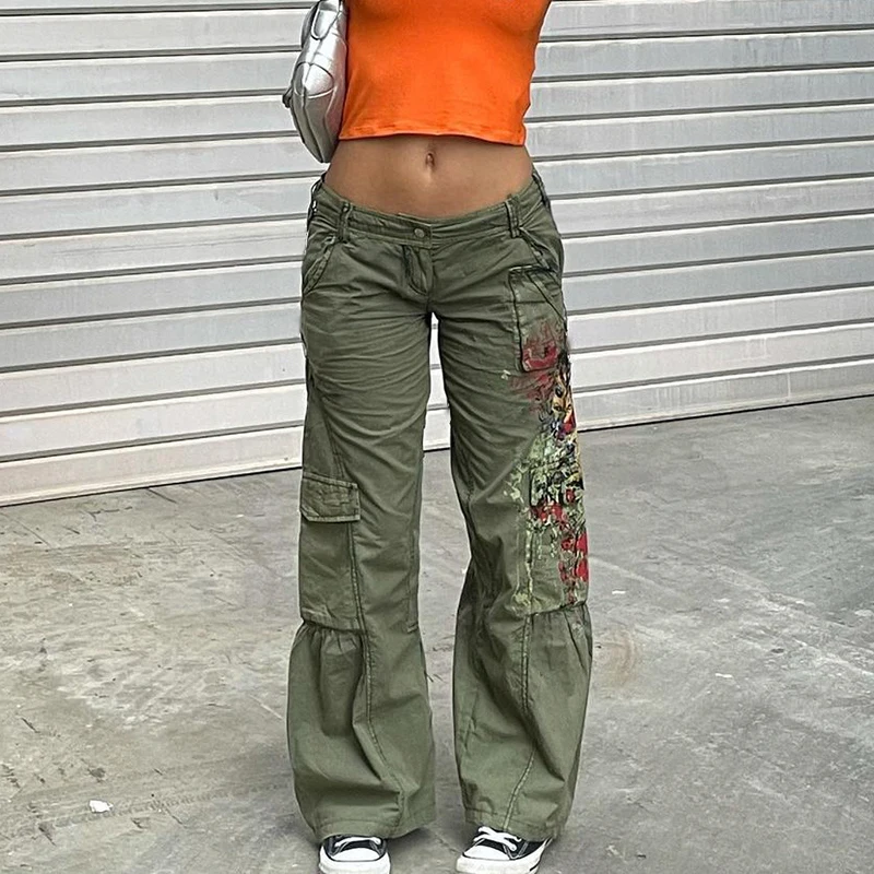 

WeiYao Streetwear Grunge Cargo Pants Tie Dye Print Vintage 90s Wide Leg Trousers Women Low Waist Straight Y2K Sweatpants