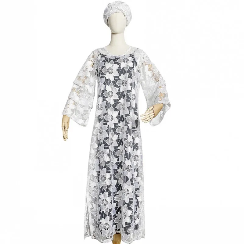 

2 Piece Set African Dress Women With Turbans Ruffle Sleeve Boubou 2021 Autumn Fashion Lace Hollow Sexy African Dresses Clothing