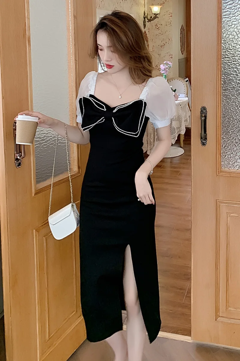 

COIGARSAM French Style Women dress New Summer Vintage Dresses Black 9615
