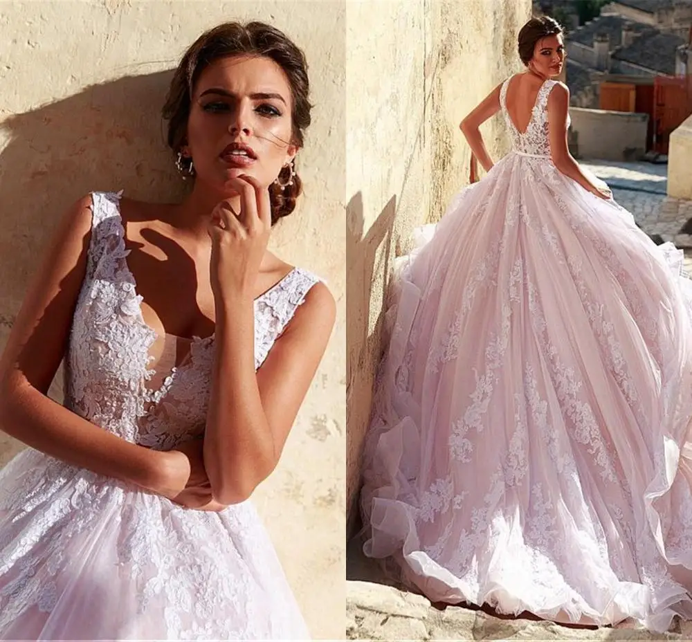 

Романтическое Тюлевое платье-трапеция с V-образным вырезом для свадебной вечеринки с кружевной аппликацией розовое длинное свадебное плат...