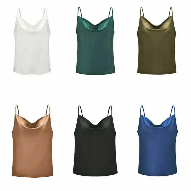 Strappy Solid Women Tops Sleeveless Vest Silk Tank Blouse Satin Camisole Summer | Женская одежда