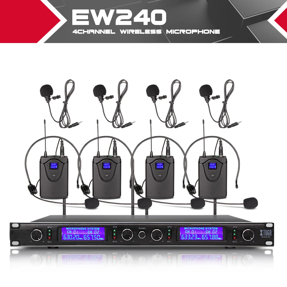 XTUGA EW240 4-канальная Беспроводная система микрофонов UHF караоке Беспроводная система 4 Боди микрофон для сцены церковное использование Вечерние