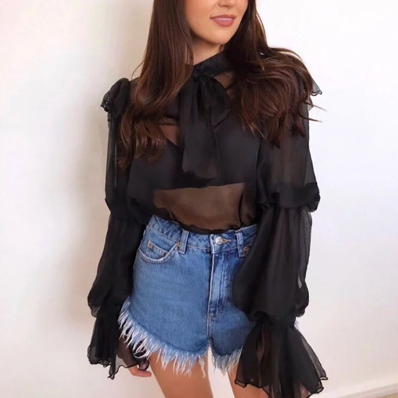 Модная рубашка с длинными рукавами-фонариками и бантом Осенняя шифоновая блузка