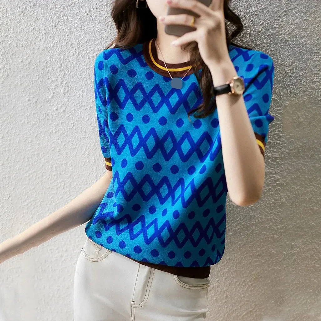

Ocean blue, fashionable, eye-catching, wave jacquard, short-sleeved sweater, T-shirt, female summer cropped sweater