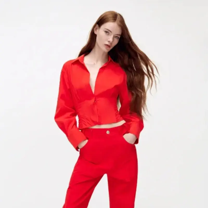 

Nlzgmsj Za Women Fashion With Buttons Pleated Cropped Blouses Vintage Long Sleeve Fitted Female Shirts Blusas Chic Tops 202110