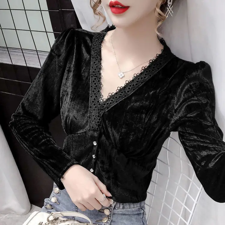 

women 2021 Spring Autumn Chic Vintage Velvet Shirt Female V- Neck Blouse Long Sleeve Blusas Mujer De Moda New Fashion Shirt A717