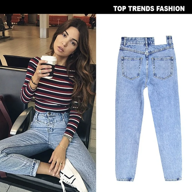 

European and American Women's New High-waist Slim-fit Straight Washed Denim Trousers Street Feet Ladies Jeans