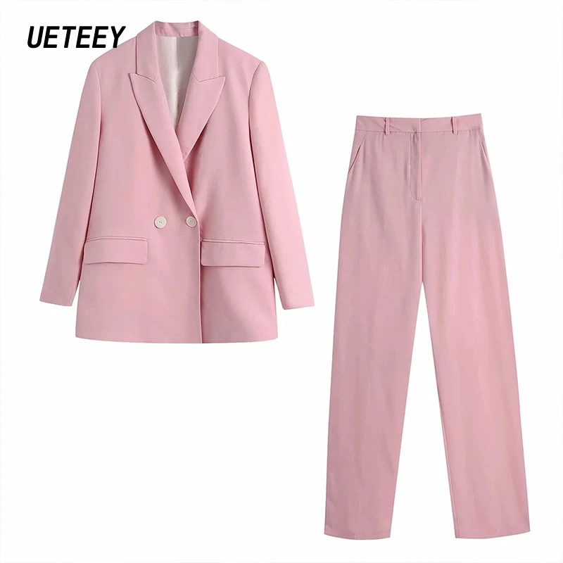 

Za Women's Blazers Suits Pink Sets Jackets Two Piece Female Office Workwear Long Sleeves Outfit Sweet Pocket Double Breasted TRF