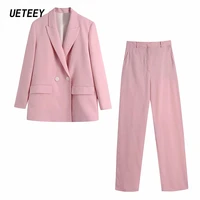 za womens blazers suits pink sets jackets two piece female office workwear long sleeves outfit sweet pocket double breasted trf