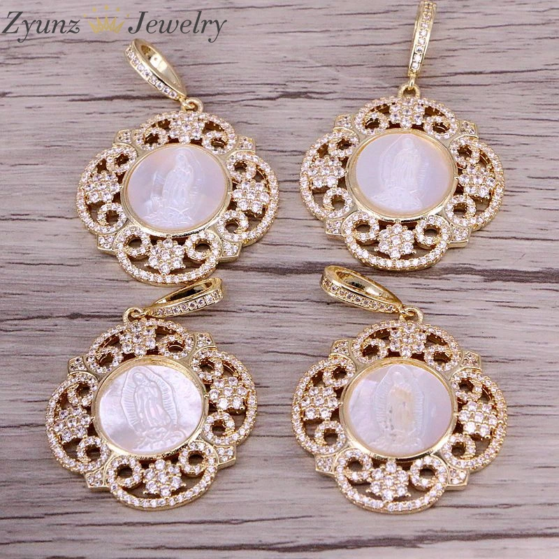 4PCS, Flower Pendant Charm Golden Micro Paved CZ Jesus Mothr Of Pearl Jewelry Crystal Necklace