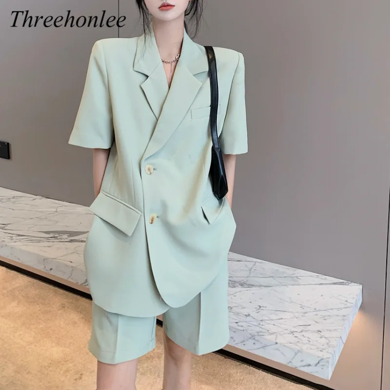 

2021 Summer Blazer Suits Women Thin Short Sleeve Jacket And Loose Wide Leg Shorts Korean Casual Office Lady 2 Piece Sets