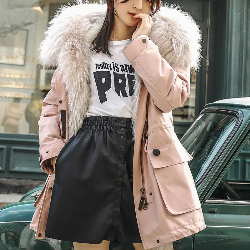 Парка с кроликом Рекс зимняя длинная куртка пальто натуральным мехом для женщин