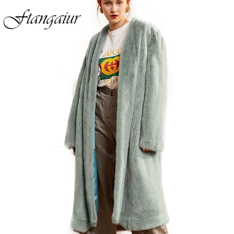 

Ftangaiur Winter Import Crown Velvet Mink Fur Coat V-Neck Mink Coat Women's X-Long Mint Green Full Sleeve Real Mink Fur Coats
