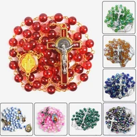 catholic cross rosary nacklace round glass beads virgin mary jesus jewelry for women