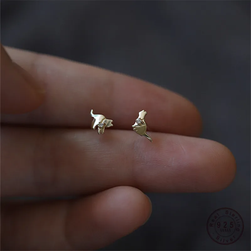

925 Sterling Silver Korea Asymmetrical Cute Cat Small Earrings For Women Plating 14K Gold Ear Jewelry