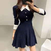 slim elegant dress autumn winter chic women all match lapel button decoration long sleeved pullover knitted pleated dress