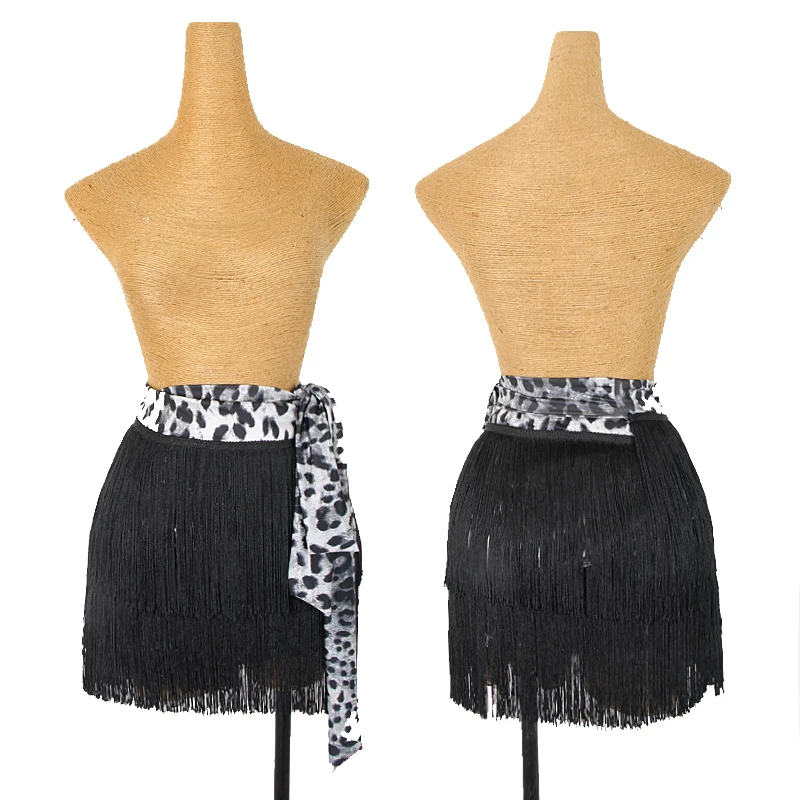 

Юбка женская для латиноамериканских танцев, черная, леопардовая, с бахромой, для тренировок, для румбы, Танго, самбы, DQL4271