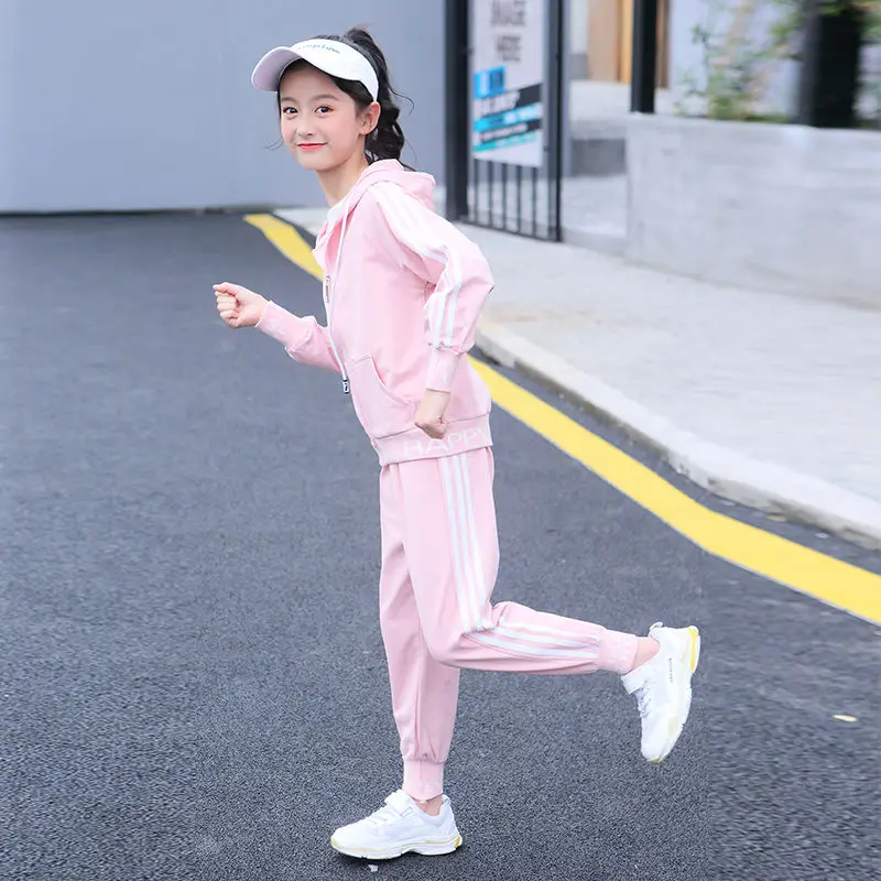 Fashion Big Girls Sports Suits stripe pink and Black Clothing Set for Teenage Autumn Tracksuit Kids Plus Size Sportswear 8 10 12 |