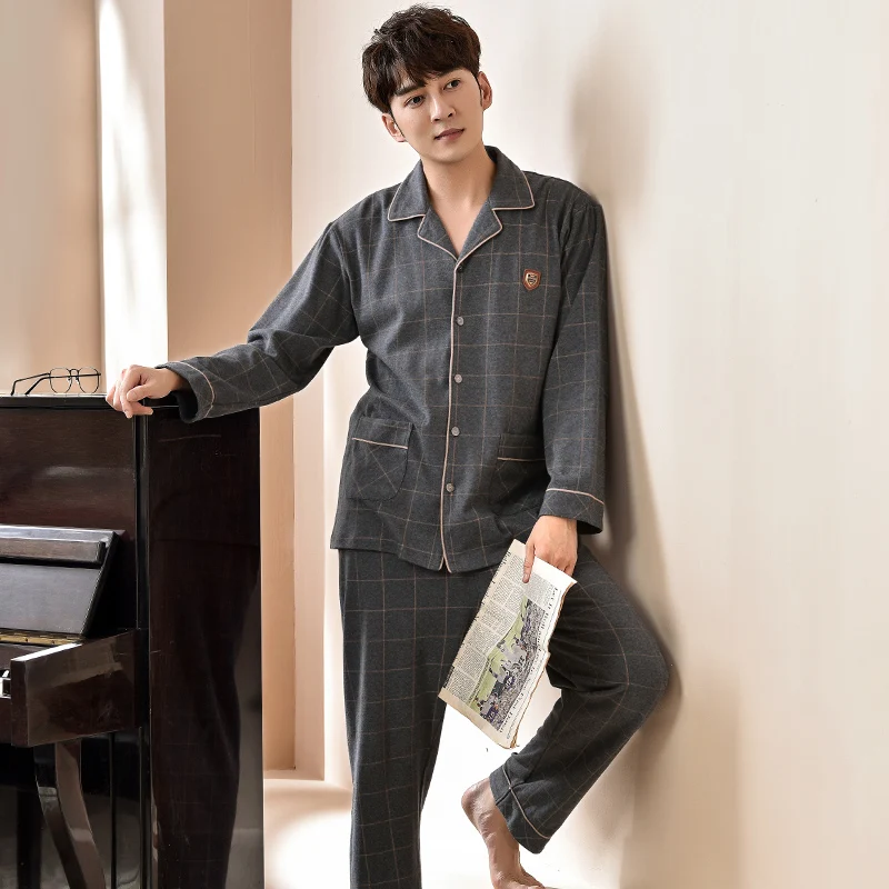 Spring New Male 100% Cotton Sleepwear 2 Pcs Lapel Cardigan Stylish Plaid Grey Men Pajamas Set Luxury Pjs | Мужская одежда