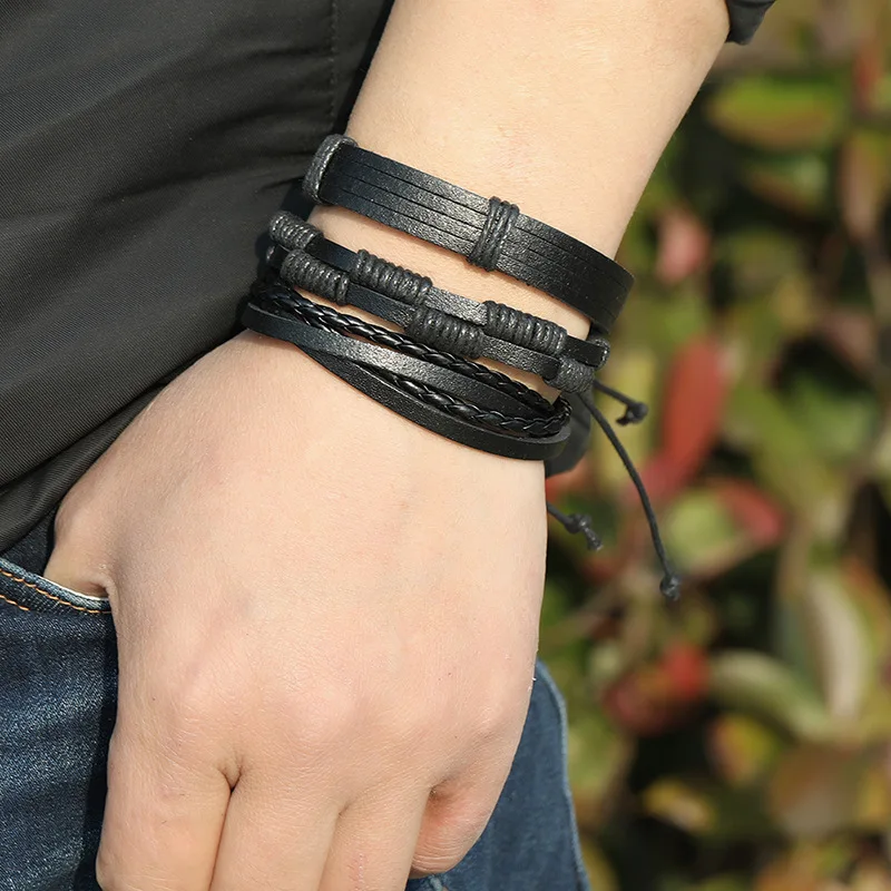 

AJC Braid Black Leather Bracelet Fashion DIY 5 Piece Combination Men's Accessories Bracelet