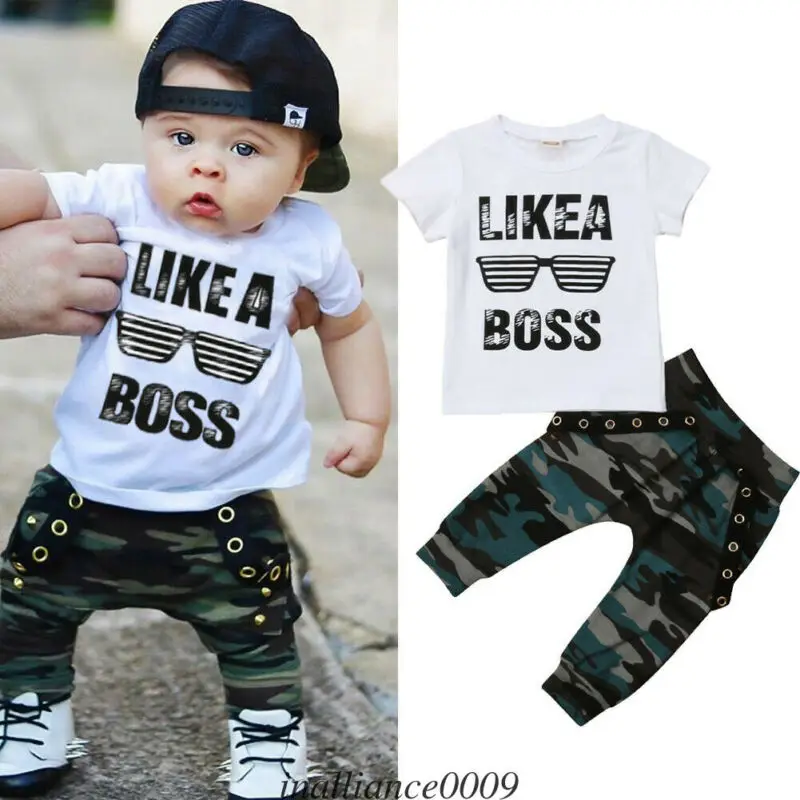 Pudcoco New Arrival Pop Toddler Baby Boy Hip Hop Tops T-shirt Camo Pants 2Pcs Outfits Set Clothes |