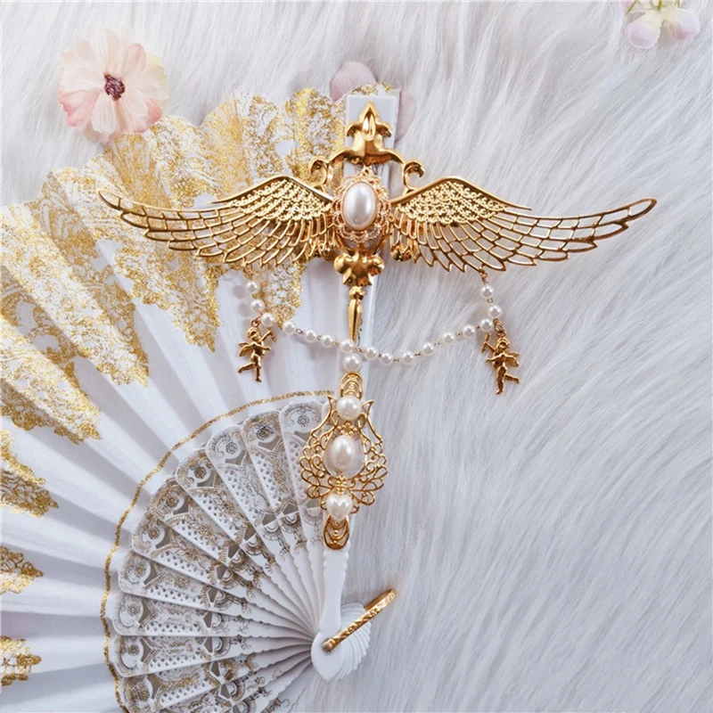 

Lolita Vintage Harajuku Style Cosplay Hand-Held Fans Stage Show Photobooth Prop Gorgeous Gem Pearl Angel Wings Folding Fan