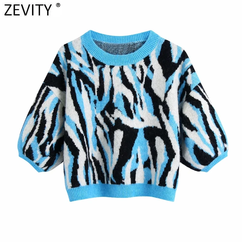 

Zevity Women Fashion Color Match Animal Pattern Short Jacquard Knitting Sweater Female Chic Lantern Sleeve Pullovers Tops SW891