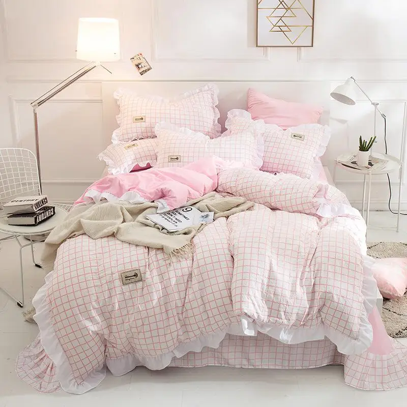 

Комплект постельного белья принцессы из 3/4 предметов в японском стиле с оборками в розовую клетку, простыня, пододеяльник, наволочки, хлопко...