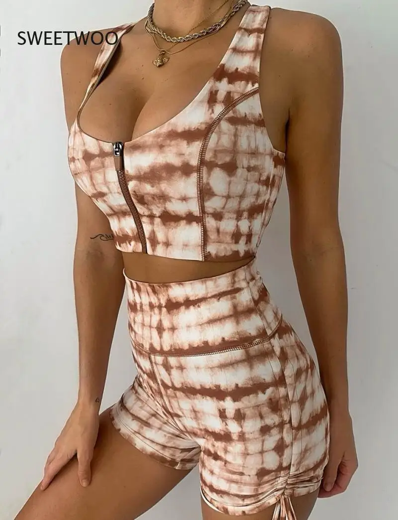 

Женский спортивный костюм, жилет на молнии с принтом, шорты, спортивная одежда для йоги, одежда для бега, Женский комплект из 2 предметов