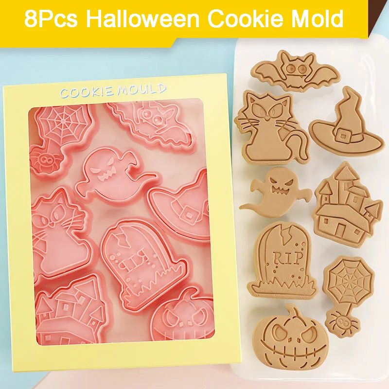 

8 шт. 3D Мультяшные формочки для печенья на Хэллоуин, пластиковые искусственные штампы, выпечка, формочки для печенья, инструменты для печень...