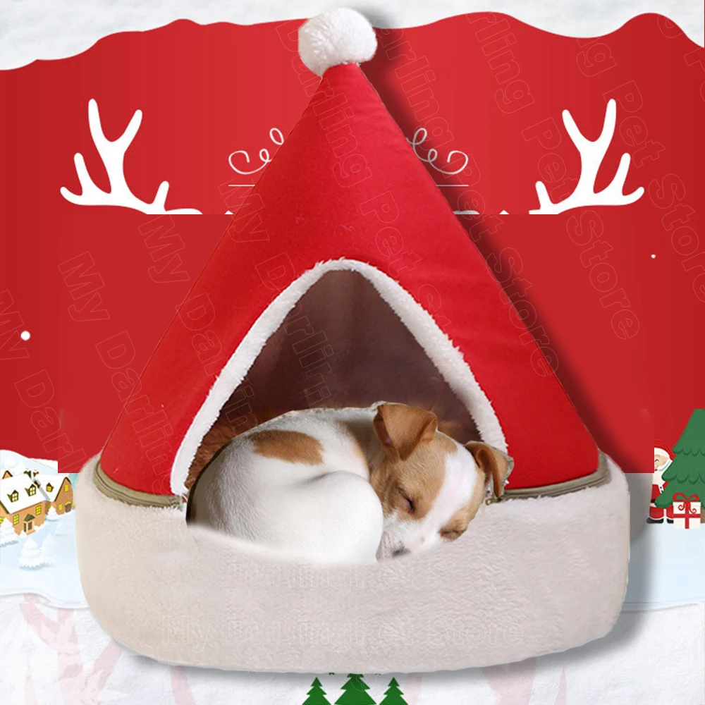 Рождественская кровать для кошек теплый дом домашних питомцев съемный зимний