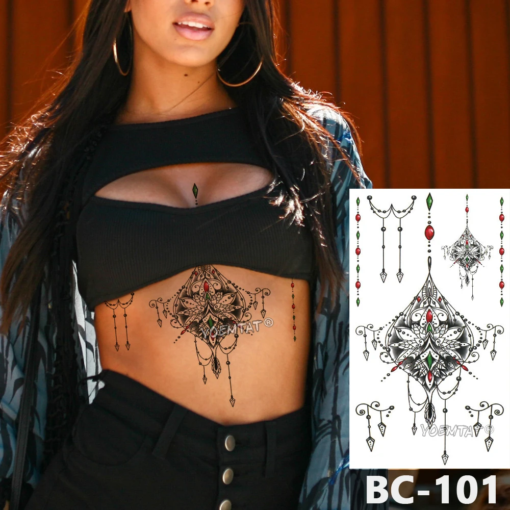 

1 Sheet Chest Body Tattoo Temporary Waterproof Jewelry Lace Totem Lotus Mandala tatto Decal Waist Art Tatoo Sticker Women