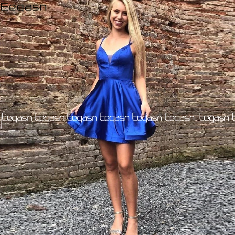 

Коктейльное платье Королевского синего цвета с v-образным вырезом, Короткое мини полуклубное платье, вечерние платья для выпускного вечера,...
