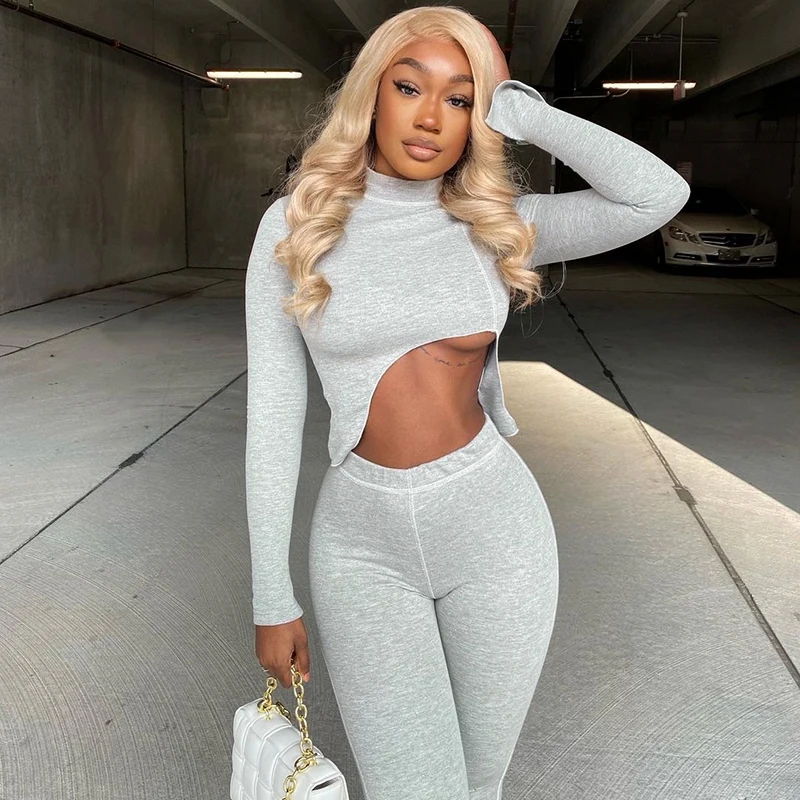 

Atumn And Winter Pant Suits for Women Stand-up Collar Irregular Navel Long Sleeve Female Set Loose Casual Sportswear Outfit