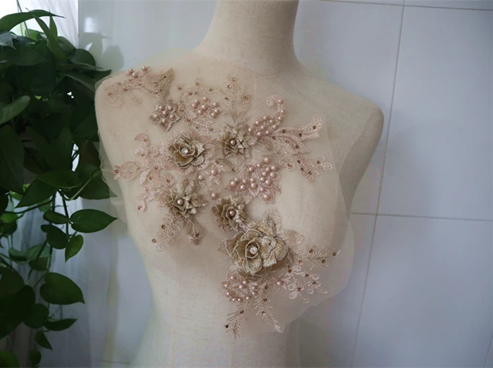 1 шт. Золотая 3D Кружевная аппликация из бисера золотистые вышитые кружевные