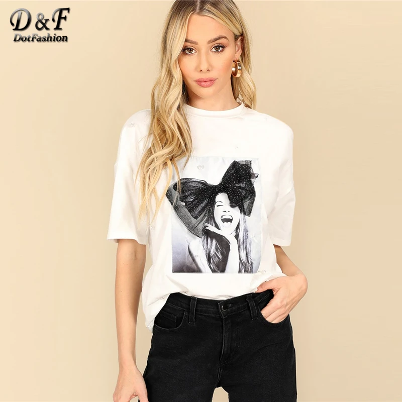 Dotfashion белый Рисунок сетка бант украшенный Топ для женщин Летняя Повседневная футболка уличная мода короткий рукав тройник