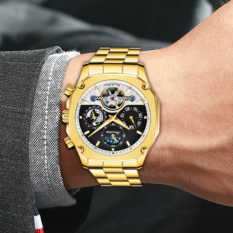 FORINING брендовые модные автоматические механические часы мужские часы Moon phase Tourbillon часы для мужчин s подарки часы Relogio Masculino