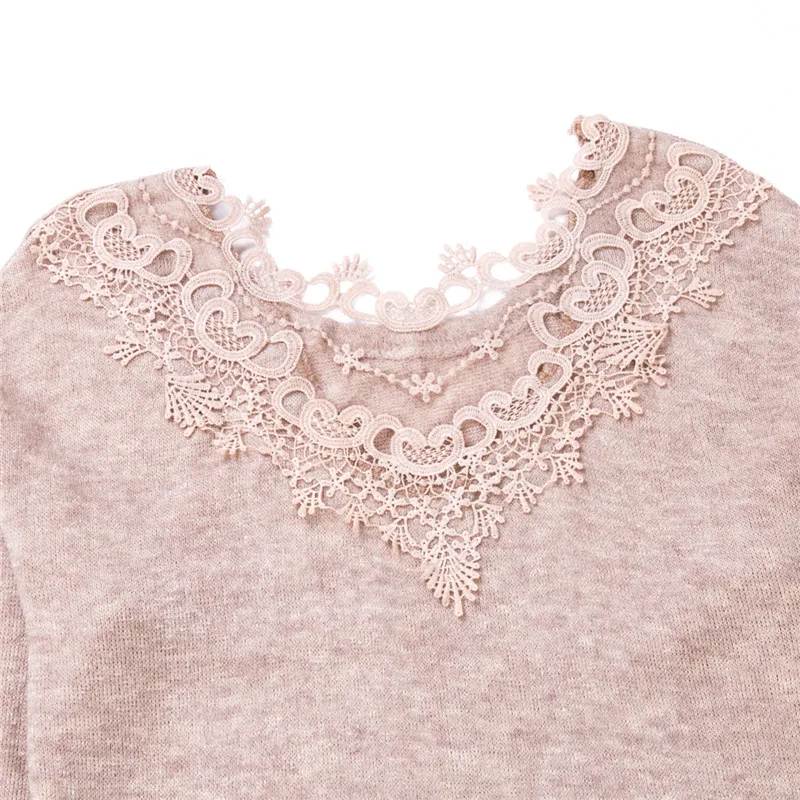 Женский вязаный пуловер с открытой спиной однотонный Розовый длинными рукавами