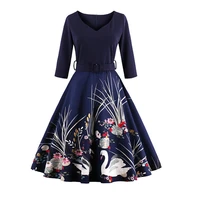 christmas party dresses winter floral print a line three quarter sleeve v neck patchwork high waist with belt plus size