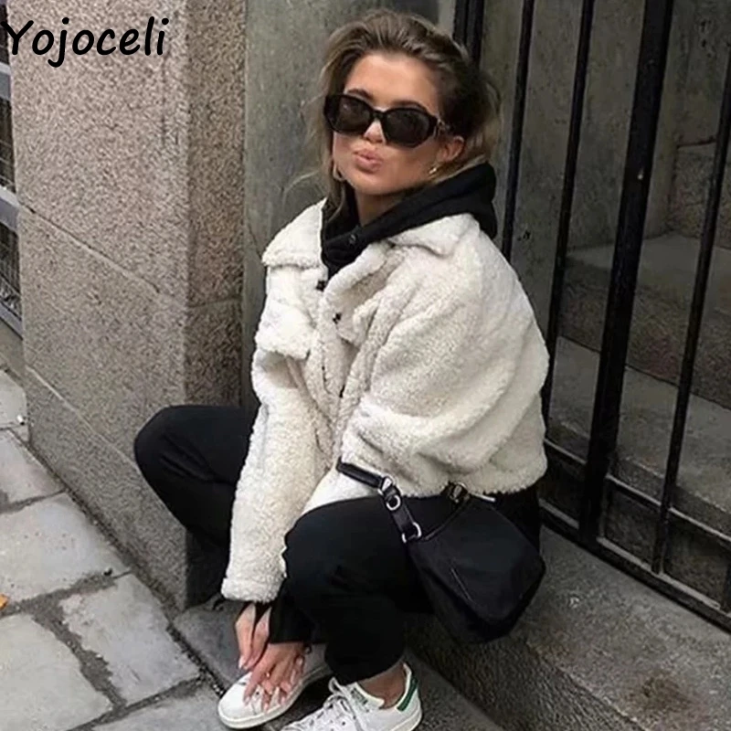 Yojoceli/крутая куртка с карманами из меха ягненка, Женская осенне-Белая теплая короткая куртка из искусственного меха, женская зимняя повседневная Милая шикарная верхняя одежда